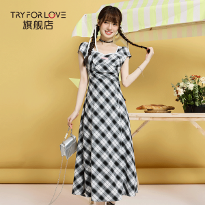 Tryforlove Charcoal Plaid Couple Outfit Skirt And Top Cotton A-Line Sleeve U-Neck Long Dress Summer New Arrival Ins Style