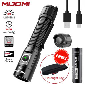 Mijomi Đèn Pin J81 1300 Lumens Màu Đen/Màu Xanh Lá Cây Đèn pin sạc 2600MAh USB-C Đèn pin Led có thể sạc Ip68 Không Thấm Nước 200M Dài Chùm Khoảng Cách Xách Tay Đèn pin ngoài trời Với Đèn Pin Bao da Cho Ngoài Trời Chiến Thuật Trò Chơi
