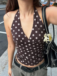 Weird Puss Polka Dot Print Vest Women Y2K Lace-Up Backless Halter v-Neck Skinny Summer Trend Daily  Street Basic Chic Tank Tops
