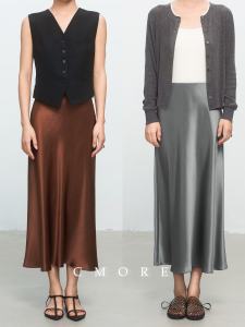 Classic CMORE Eastman Acetate Satin A-Line Midi Skirt Mid-Length 45° Diagonal Cut Elastic Waist Office Wear Womens Skirt