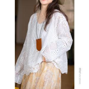 XIAOER | Cotton Breathable Embroidery Lace Trim Loose Slimming Long Sleeve Womens Shirt