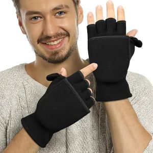Winter warm Gloves Fingerless Convertible Thermal Mittens Gloves Windproof Polar Fleece Warm men women double-layer Flap Gloves