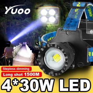 YUOO ไฟฉายคาดศีรษะซูมได้ยาว1500เมตร18650ไฟหน้าแบบพกพาเลเซอร์สีขาวแบบชาร์จไฟได้หัวไฟฉาย Led กันน้ำไฟฉายคาดศีรษะตั้งแคมป์