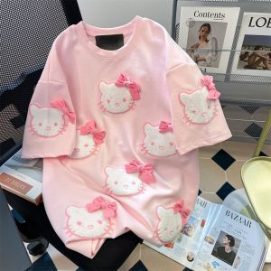เสื้อยืดแขนสั้น Hellokitty สีชมพู ผูกโบว์ผีเสื้อ สำหรับผู้หญิง ไซส์เล็ก สไตล์ญี่ปุ่น หวาน เสื้อผ้าผู้หญิงฤดูร้อน