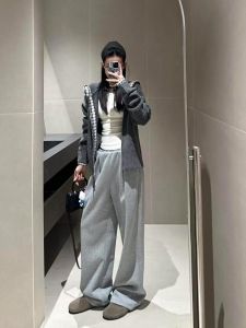 กางเกงขายาวทรงหลวมเอวสูงสำหรับผู้หญิงไซส์ใหญ่ กางเกงขายาวทรงตรงยาวถึงพื้นสไตล์ลำลองสำหรับฤดูใบไม้ผลิ