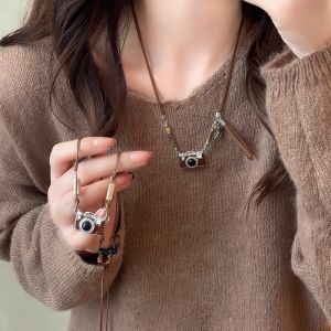 Brown Woven Rope Necklace Womens Long Hoodie Chain Camera Tassel Sweater Accessory Vintage Clavicle Chain Fashion Jewelry