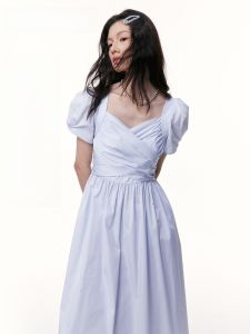 TAMMY TANGS | Sugar Power Baby Blue Holiday Dress Short Sleeve Sparkling Diamond Tie Waist Summer New Arrival City Walk Daily Wear V Neck