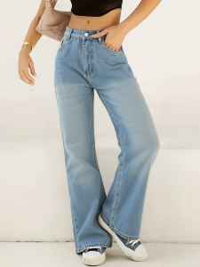 Womens High-Waisted Retro Straight-Leg Denim Trousers Comfortable Wide-Leg Casual Versatile Pants for Outings
