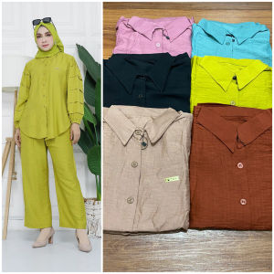 Setelan Kemeja Blouse Wanita Bahan Polo Linen Premium / Oneset Polo Linen Polos