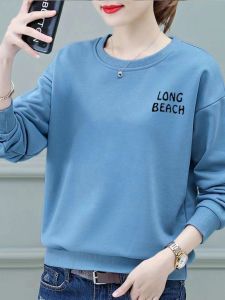 เสื้อสเวตเตอร์คอกลมแขนยาวบางหลวมๆ สำหรับผู้หญิง เสื้อยืดแฟชั่นฤดูใบไม้ผลิและฤดูใบไม้ร่วง ผ้าฝ้ายผสมโพลีเอสเตอร์ 30% 70%