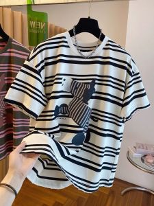 plus Size Womens Summer New European Style High End Zebra Stripe T-Shirt Short Sleeve Design Unique Top Korean Loose Fit round Neck