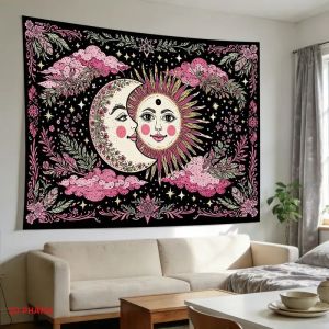 Tấm Thảm Treo Tường Hình Mặt Trời Và Mặt Trăng Phong Cách Bohemian VIKAMA Họa Tiết Hoa Kiểu Tarot Dùng Trang Trí Nhà Cửa Phòng Ngủ Và Phòng Khách Chất Liệu 100% Polyester