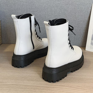 Womens Thick Bottom Martin Boots Winter Short Boots Increased Height Fleece Lined Black British Style Boots Korean Style round Toe