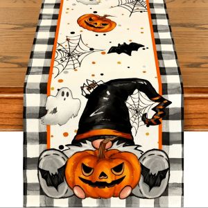 VIKAMA Halloween Table Runner Buffalo Plaid Gnome Pumpkin Ghost Bat Spider Web Dining Table Home Party Decor