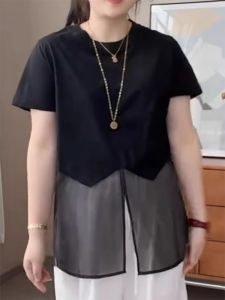 Shalldoer | Unique Black Mesh Splice Short Sleeve T-Shirt Womens Summer Casual Loose Fit Round Neck Thin Fabric Unique Super Beautiful