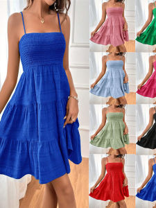 ชุดเดรสแขนกุดสีพื้นสตรีทสไตล์สตรีทเอวสูงผ้าโพลีเอสเตอร์ฤดูร้อนสำหรับผู้หญิงวัย 18-29