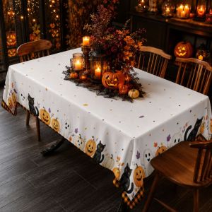 Khăn Trải Bàn Bằng Vải Lanh Halloween Màu Trắng VIKAMA Với Thiết Kế Hình Ma Mèo Đen Bí Ngô Không Thấm Nước Có Thể Giặt Bằng Máy Trang Trí Bàn Ăn Kiểu Nông Trại Cho Bữa Tiệc Ngày Lễ