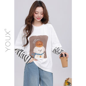 Korean Print Two-Piece Effect Long Sleeve T-Shirt