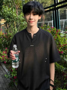 OUMULONG | Áo Thun Tay Ngắn V-Neck Đắp Vải Dạng Casaul Mùa Hè Cân Nặng Black Rivet