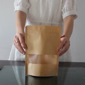 50PCS Kraft Paper Bags Zip Lock Stand-up Reusable Sealing Food Pouches with Matte Window and Tear Notch Storing Cookie