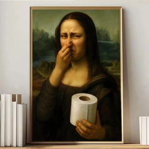 1Pc Frameless Mona Lisa Funny Toilet Canvas Print Poster Vintage Abstract Art Figure Painting Wash Room Toilet Hallway Wall Art