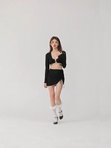 ชุดว่ายน้ํา บิกินี่ แขนยาว ผ้าตาข่าย คลุมกระโปรง แฟชั่นสไตล์เกาหลี 4 ชิ้น 2417