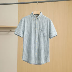 Organic Cotton Indigo Dyed Fish Scale Print Mens Comfortable Cool Short Sleeve Shirt Breathable Moisture Wicking Standard Fit