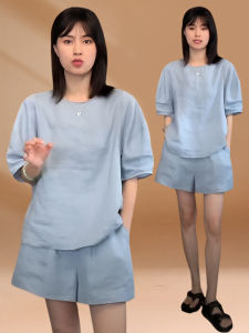 Summer Fashion Twill Cotton round Neck Short Sleeve Top Bottom Set Womens Comfortable Loose Shirt Pants Combo Lightweight