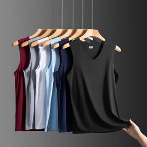 Mens Summer Ice Silk Sleeveless Vest Multi-Color V-Neck Top Traceless Thin Breathable Mens Summer Fashion