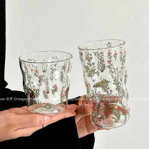 Oranges Limited Summer Grass Lotus Cloud Glass Cup High Aesthetic Value Ins Home Use High Temperature Resistant Water Cup Juice Cup
