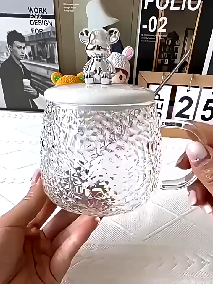 Coffee Mug Heat Resistant Glass Cartoon Cute Bear Cup with Cover and Spoon