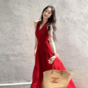 BeautyMark | French Red Halter Neck Dress Womens Summer 2025 New Beach Vacation Beautiful Long Dress Sweet Style High Waist A-Line Skirt