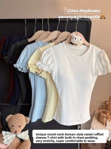 Summer Slim Fit Sweet Girl T-Shirt round Neck Bubble Sleeve Pleated Waist Inward Chest Pad Versatile Short Sleeve Cotton Top