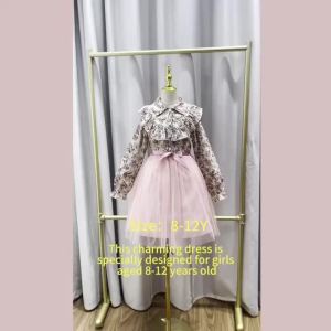 Girls Peasant Style Dress 8-12 Years Floral Print Lapel Pink Mesh Hem Sweet Elegant Spring Summer Dress