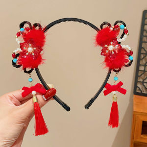Traditional Chinese Style Red Strawbery Tassel Plush Hairband Wig New Years Headwear for Girls Cartoon Hairpin Accessories