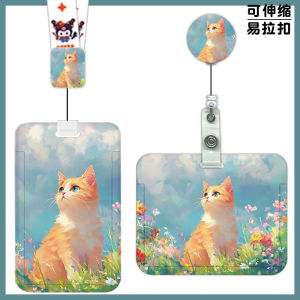 Cute Oil Painting Cat Bus Pass Subway Bank Card ID Protective Cover Students School ID Card Meal Card Holder School Card Access Control Card Lanyard Work Permit Work Card Badge Buckle Retractable Listing