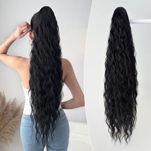32-Inch Long Curly Wave Synthetic Hairpiece with a Claw Clip Ponytail Extension in Black And Brown Perfect for WomenS Parties.