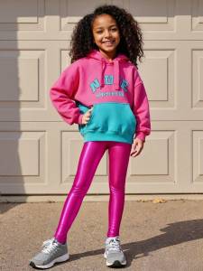 Kids Girls Shiny Metallic Leggings Solid Color Elastic Waist High Stretch Polyester Spandex Breathable Casual Bottom Long Pants
