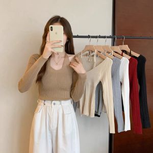 Áo len nữ tay dài cổ V phối dây cổ sành điệu - Áo dệt kim nữ Quảng Châu cao cấp