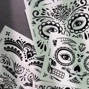 12Pcs Black Halloween Face Tattoos Stickers Flower Skull Lace Temporary Tattoos for Day Of The Dead Body Facial Makeup Decor NL