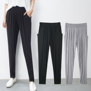 กางเกงทรงหลวมเอวสูงสไตล์ฮาราจูกุสำหรับผู้หญิงในฤดูร้อน กางเกงขายาวทรงหลวมแบบลำลอง ผ้าโมดอล สีพื้น กางเกงกีฬาแบบบาง