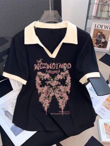 Áo Thun Tay Ngắn Cổ Polo Ice Silk Dáng Rộng Mùa Hè Cho Nữ Cỡ Lớn American Retro Color Block Print Commute Style Polyester