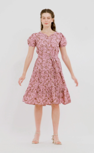 Krizia Printed Puffed Sleeves Tiered Skirt Midi Shift Dress Tie Waist