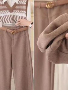 Woolen Wide Leg Pants Womens New 2025 Fleece Lined Thickened Slim Version Rice Noodle Pants Drapey Straight Cashmere Pants