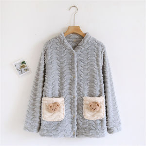 Thickened Flannel Sleepwear Womens Single Piece Loose Long Sleeve Coral Velvet Home Clothes V-neck Buttoning Pure Color