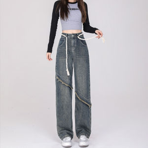 Tali Serut Celana Jeans Wanita Highwaist Lurus retro Korean Style Loose Pinggang Tinggi Longgar Celana Panjang Kekinian