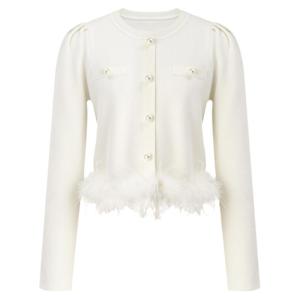 TAMMY TANGS | Spring & Autumn White Pearl Ostrich Feather Decorative Knit Sweater