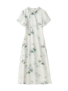 New Chinese Style Short Sleeve Dress Deer towards South Nan Xia Bamboo Green Design Qipao Skirt Long A-Line Dress