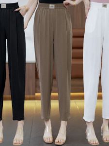 Summer New Ice Silk Straight Leg Casual Pants Elastic Loose Nine Points Harlan Cool Pants for Middle-Aged And Elderly Women