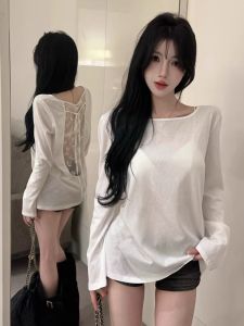 GUZILIAN | เสื้อยืดแขนยาวผู้หญิงสไตล์เกาหลี ทรงปกติ คอกลม แขนยาว ทรงหลวม ผ้าฝ้ายผสมโพลีเอสเตอร์ ฤดูใบไม้ร่วง 2025